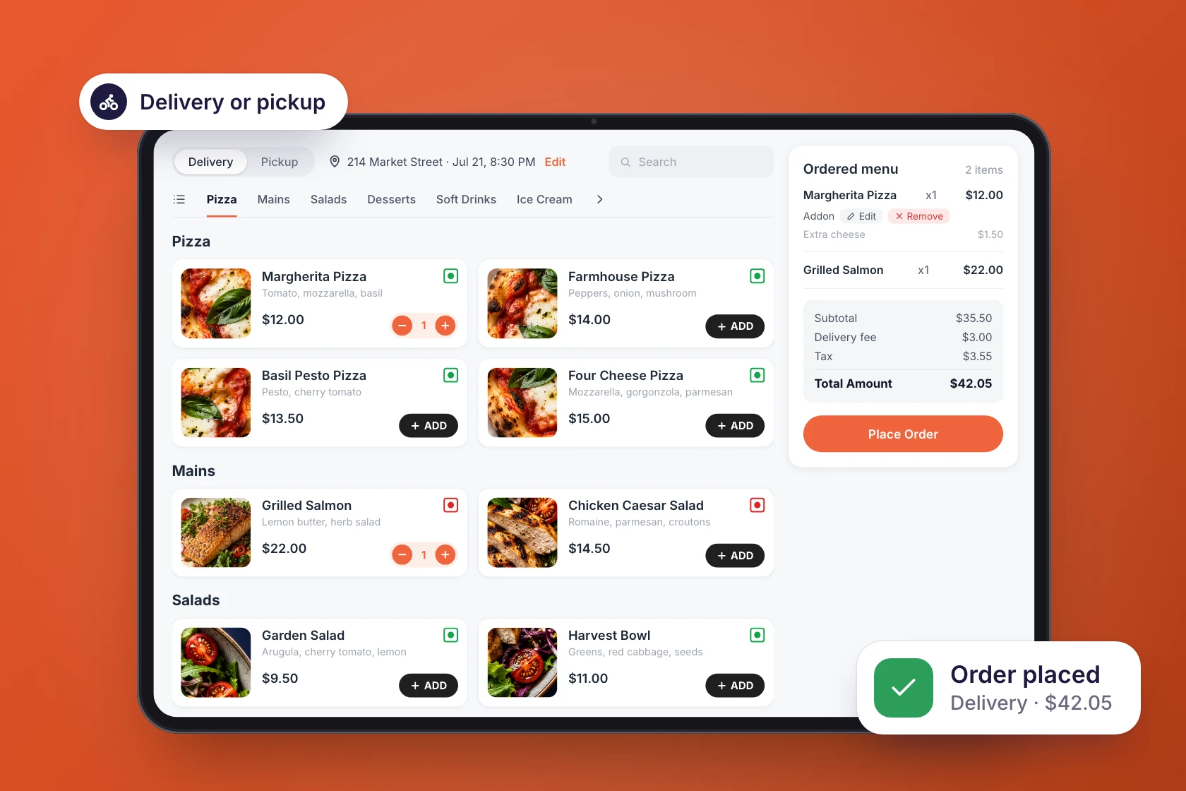 RestroPress online ordering on a tablet: browse menu categories, choose delivery or pickup and see the cart, with an Order placed confirmation. Sample data.