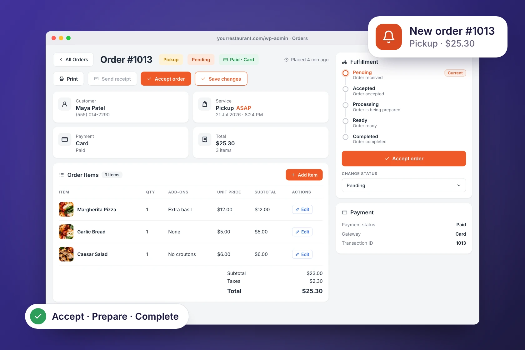 RestroPress order management in the WordPress admin: order #1013 with pickup, payment and fulfilment status and an Accept order button, plus a New order alert. Sample data.
