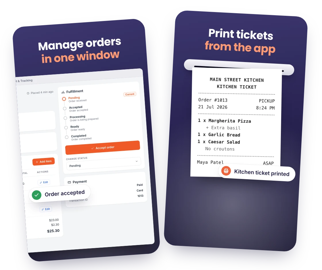 RestroPress Desktop App screenshots: “Manage orders in one window” over an order’s fulfilment status, and “Print tickets from the app” over a printed kitchen ticket
