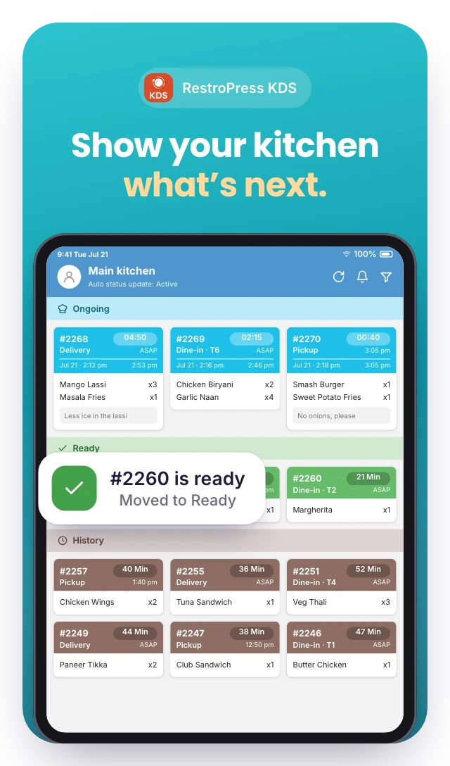 RestroPress KDS screenshot: “Show your kitchen what’s next.” over the kitchen ticket board