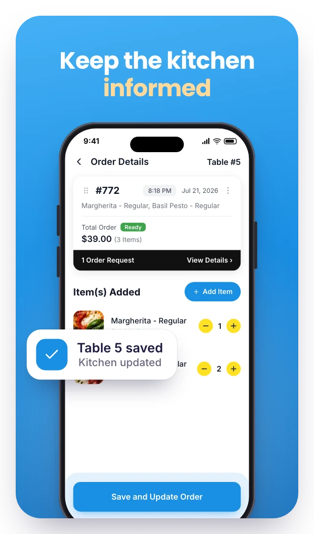RestroPress Waiter screenshot: “Keep the kitchen informed” over a saved table order