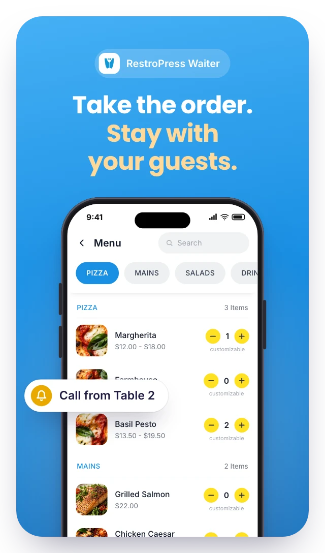 RestroPress Waiter screenshot: “Take the order. Stay with your guests.” over the menu, with a call from Table 2