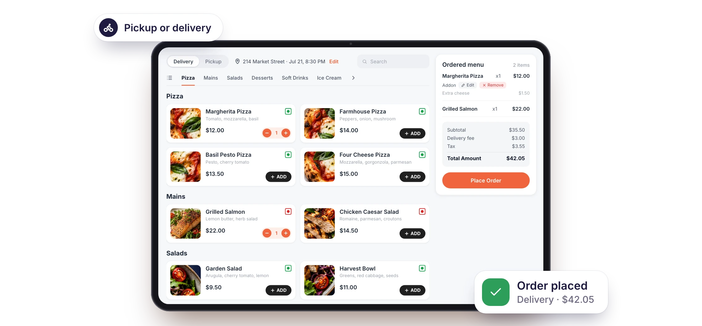 RestroPress online ordering on a tablet: menu categories, a Delivery or Pickup choice and the cart, with a Pickup or delivery label and an Order placed confirmation.