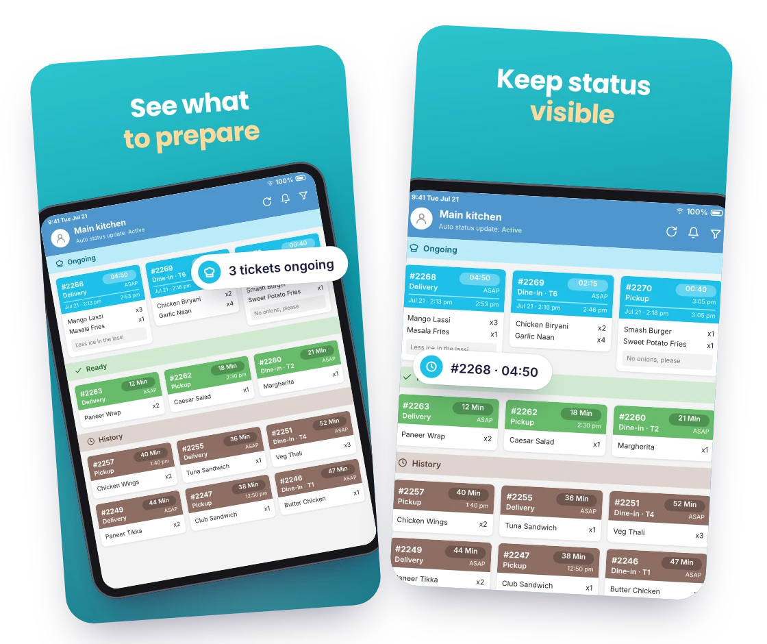 RestroPress KDS screenshots: “See what to prepare” and “Keep status visible” over the kitchen ticket board