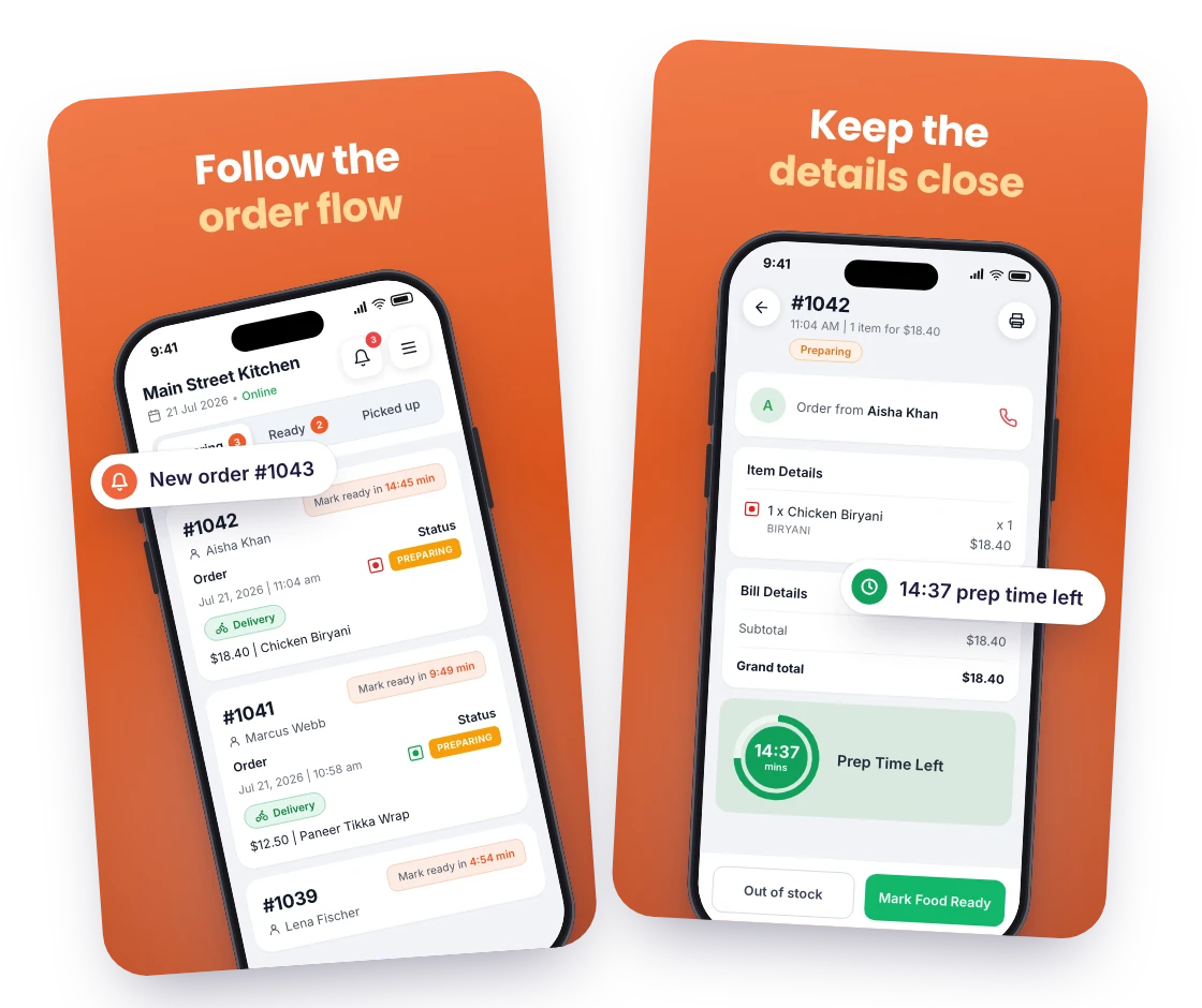 RestroPress Manager screenshots: “Follow the order flow” over the order queue, and “Keep the details close” over an order’s details