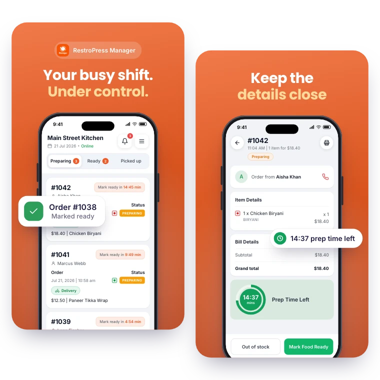 RestroPress Manager screenshots: “Your busy shift. Under control.” over the order queue, and “Keep the details close” over an order’s details