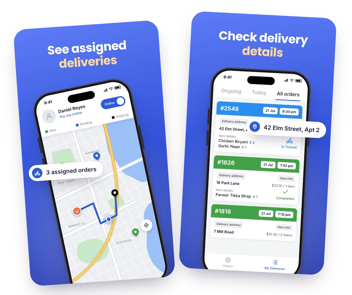 RestroPress Rider screenshots: “See assigned deliveries” over the delivery map, and “Check delivery details” over the delivery list