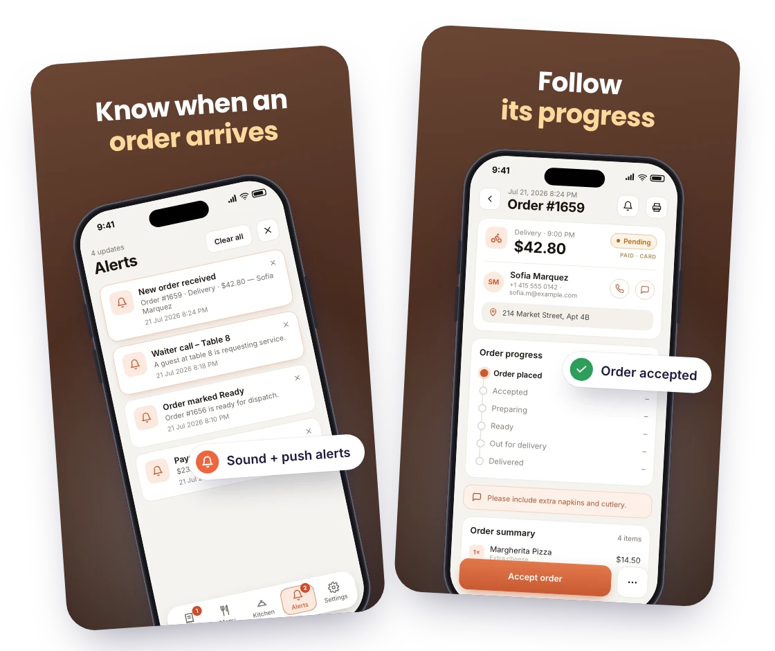 RestroPress Order Tracking screenshots: “Know when an order arrives” over the alerts list, and “Follow its progress” over an order’s progress