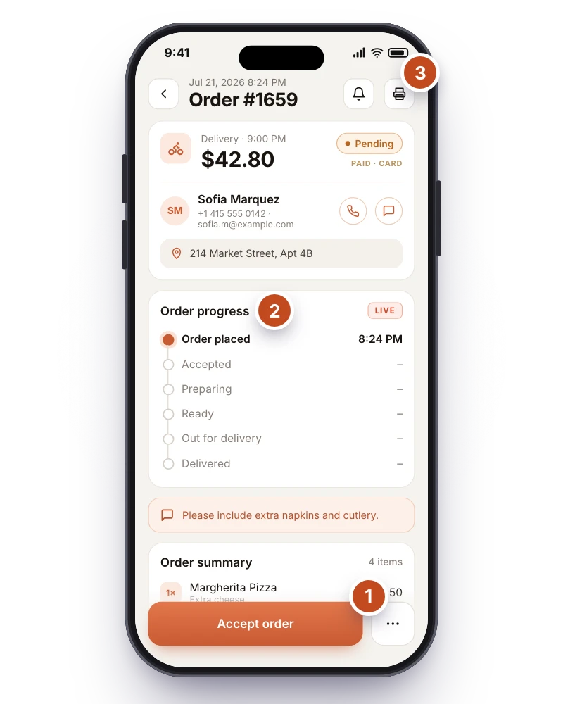 RestroPress Order Tracking order details. 1 marks the Accept order button, 2 the live order progress, 3 the receipt printer button