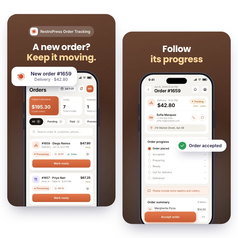 RestroPress Order Tracking screenshots: “A new order? Keep it moving.” over the order list with a new order alert, and “Follow its progress” over an order’s progress