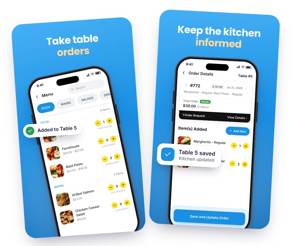 RestroPress Waiter screenshots: “Take table orders” over the menu, and “Keep the kitchen informed” over a saved table order