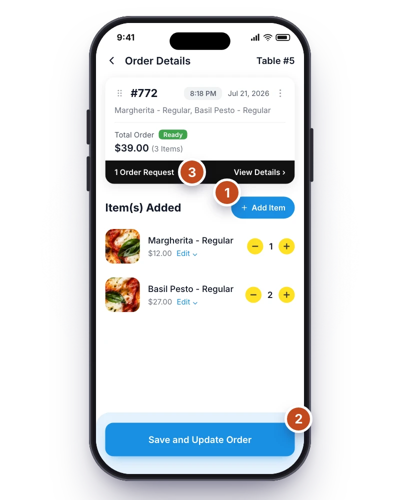 RestroPress Waiter order details for Table 5. 1 marks Add Item, 2 the Save and Update Order button, 3 the guest’s order request