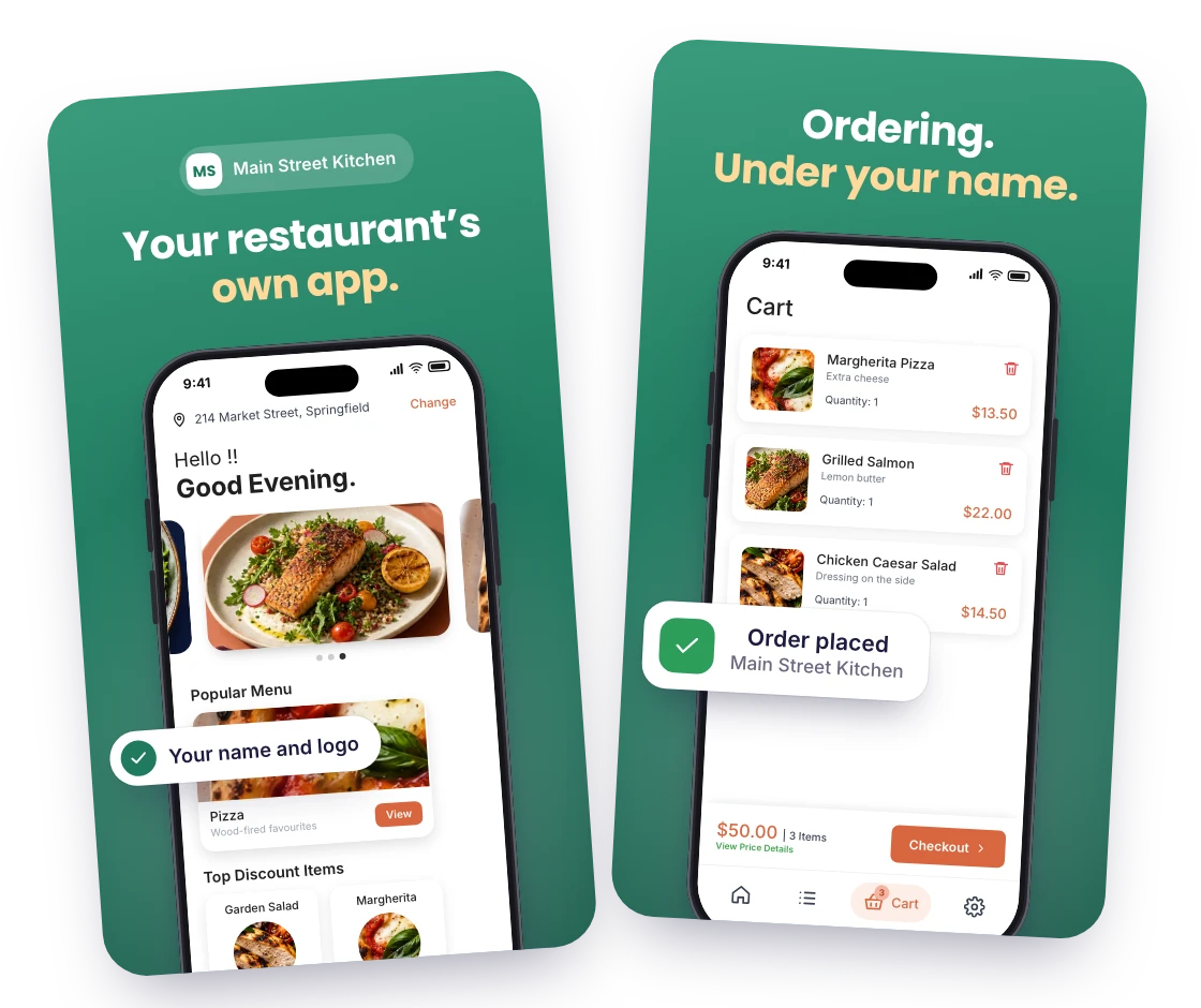 A white-label customer app for a sample restaurant, Main Street Kitchen: “Your restaurant’s own app.” over the home screen, and “Ordering. Under your name.” over the cart