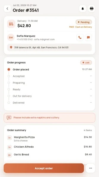RestroPress Order Tracking order details with a progress timeline, item summary and Accept order button.